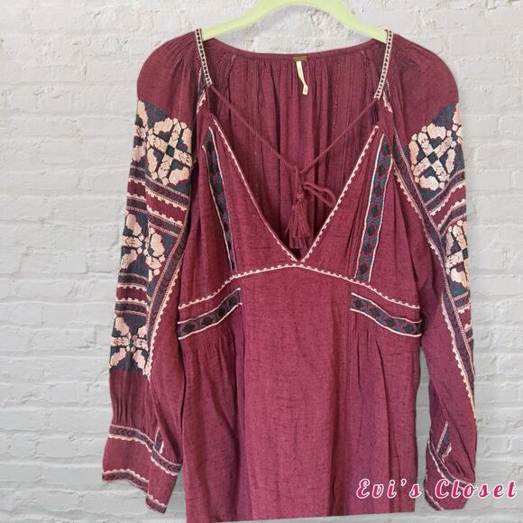 Free People All My Life Embroidered Smoked Wine Dress XS BOHO - Picture 1 of 9